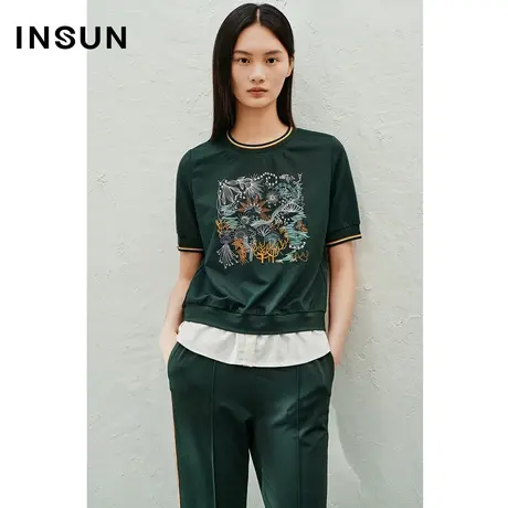 INSUN恩裳专选夏季刺绣针织拼接衬衫商品大图