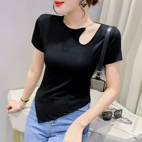 设计感小众短袖T恤女网红性感露肩上衣夏季不规则紧身体恤小衫潮图片