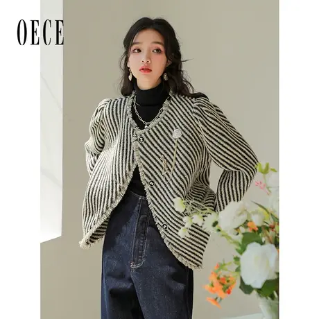 Oece高级感条纹外套冬季新款复古小众气质大衣女图片