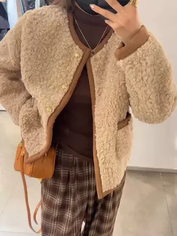 复古撞色羊羔毛圆领长袖外套女2023秋季新款气质显瘦开衫别致上衣图片