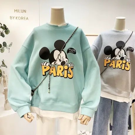 2021春季新款韩国东大门ins慵懒休闲卡通印花假两件卫衣包臀显瘦商品大图