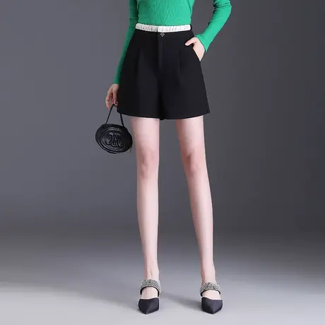 2023秋季新款时尚短裤高腰阔腿裤宽松显瘦休闲裤韩版黑色直筒裤子商品大图