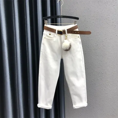 23冬季新款白色简约设计感高腰小众百搭加绒加厚牛仔老爹哈伦裤女商品大图