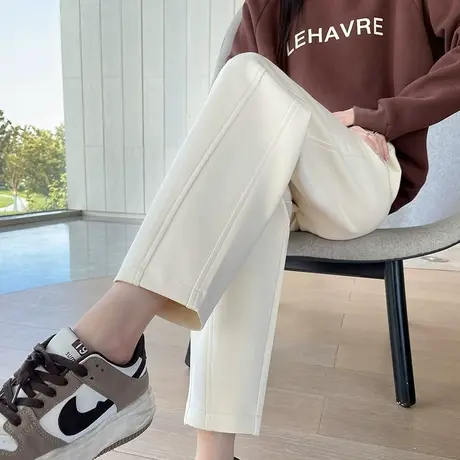 白色直筒裤女秋冬新款抽绳高腰宽松显瘦松紧腰九分小个子休闲裤子商品大图