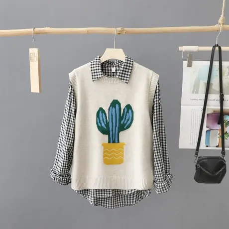 减龄圆领提花针织马甲女背心秋装新款无袖百搭毛衣马夹宽松毛坎肩商品大图