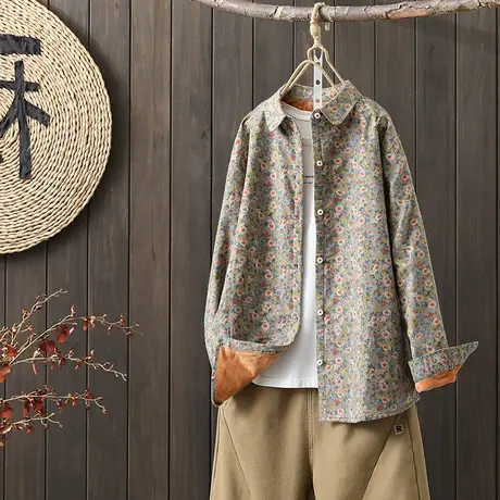 枫谜2022年冬季新款文艺休闲范磨毛加绒碎花翻领宽松保暖百搭衬衫图片