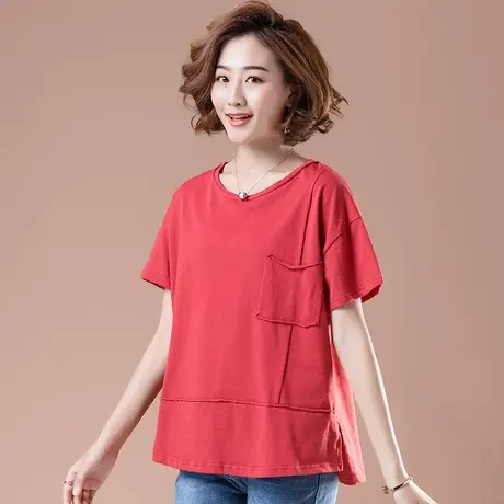 夏季加肥加大码女装宽松全棉短袖T恤女遮肚子显瘦中年妈妈装体恤商品大图
