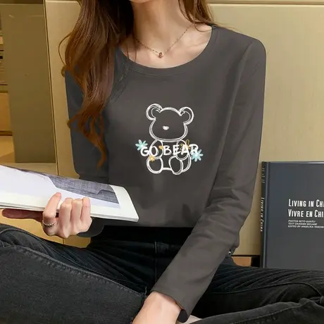 纯棉长袖t恤女小熊印花上衣2023春装新款宽松显瘦圆领内搭打底衫图片
