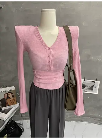 Hen有型～垫肩上衣女V领长袖T恤竖螺纹紧身打底衫黑色内搭2022年商品大图