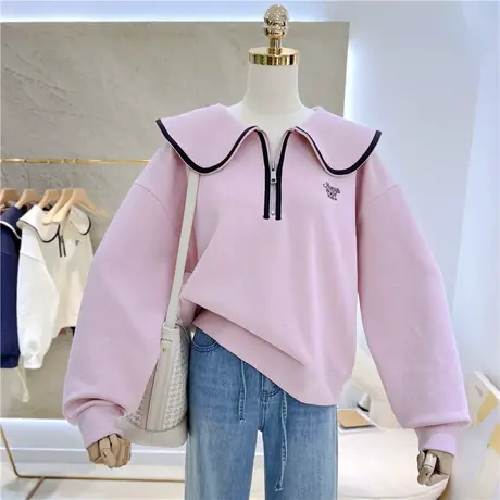 2023秋季新款简约荷叶娃娃领刺绣字母宽松半拉链套头卫衣女外套商品大图