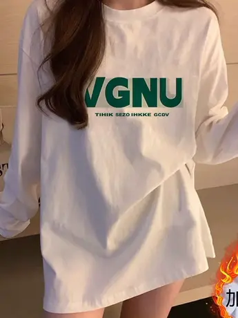 仿棉长袖t恤女2023年新款秋冬季加绒宽松洋气减龄内搭打底衫上衣图片