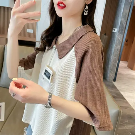 小众设计感短袖t恤女夏季韩版宽松小个子撞色短款华夫格翻领上衣商品大图