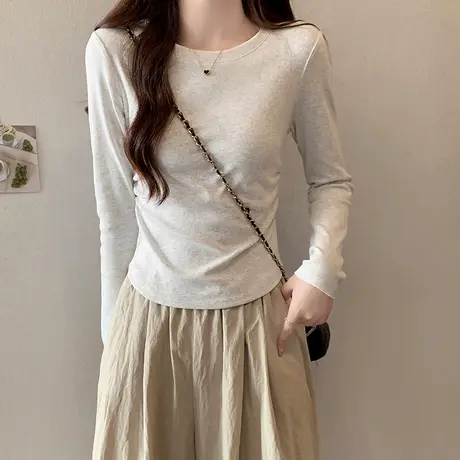 长袖T恤女2023秋季新款修身显瘦洋气减龄内搭短款打底小衫上衣服商品大图