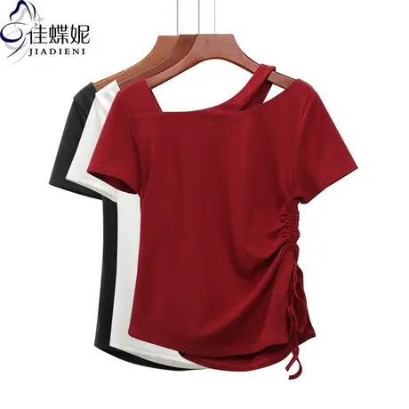 夏季新款韩版莫代尔修身显瘦斜肩一字领短袖体恤上衣内搭女打底衫图片