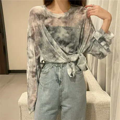 夏季2024年新款网纱防晒衫辣妹上衣设计感小众扎染长袖T恤女装潮图片