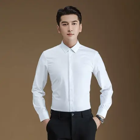 衬衫男士长袖商务休闲新款春季修身寸衫韩版潮流细格纹白色衬衣图片