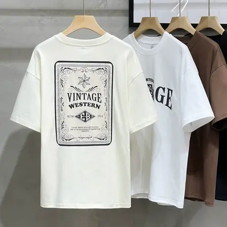 重磅230g短袖t恤男士半袖夏季宽松美式潮牌体恤纯棉印花T圆领上衣商品大图