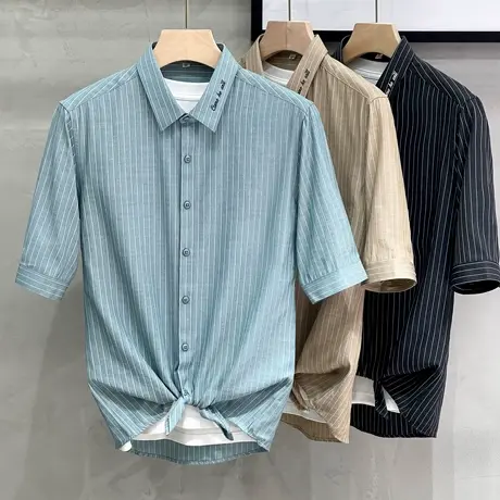 痞帅短袖条纹衬衫男设计感修身夏季男士五分中袖衬衣高级感男装寸商品大图