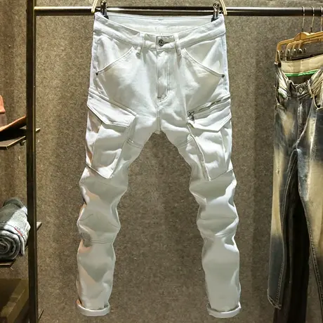 白色机车牛仔裤男士高端弹力修身小脚裤潮牌工装拼接拉链裤子男款图片