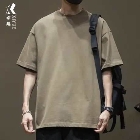 夏季纯色385g重磅全棉落肩袖t恤男短袖胖子特大码加肥加大体恤衫商品大图