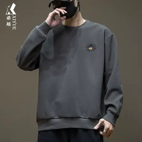 希越纯棉重磅圆领卫衣男士春秋季宽松大码美式刺绣复古长袖打底衫商品大图