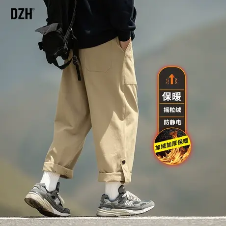 男士卡其色裤子男加绒加厚冬季休闲直筒裤宽松纯棉长裤2024年新款商品大图