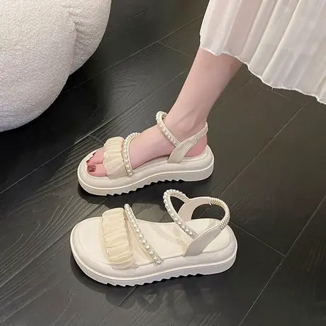 小香风厚底凉鞋女夏2024新款平底松糕休闲女款鞋罗马沙滩鞋ins潮图片