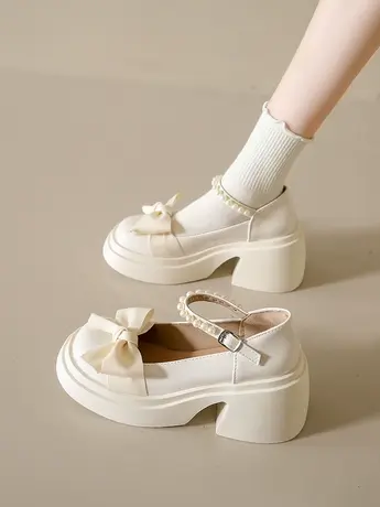 玛丽珍鞋女2023秋季新款时尚甜美蝴蝶结粗跟高跟珍珠配裙子小皮鞋商品大图