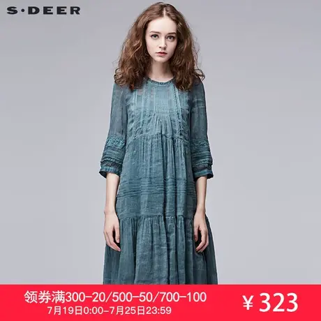 sdeer圣迪奥2018夏装复古花边中袖亚麻桑蚕丝拼接连衣裙S17281224图片