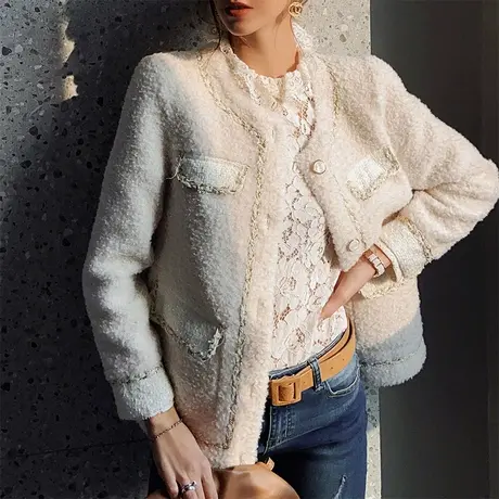 粉红大布娃娃2022新款气质显瘦小香风圆领长袖减龄保暖外套冬女商品大图