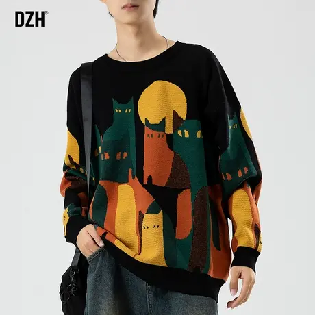 男生提花圆领毛衣男冬季宽松慵懒风设计感上衣2024新款内搭打底衫商品大图