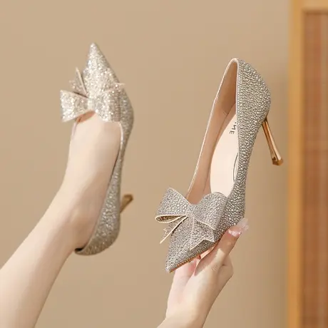 高跟鞋女2024年新款蝴蝶结水钻尖头水晶婚鞋秀禾婚纱两穿细跟单鞋商品大图