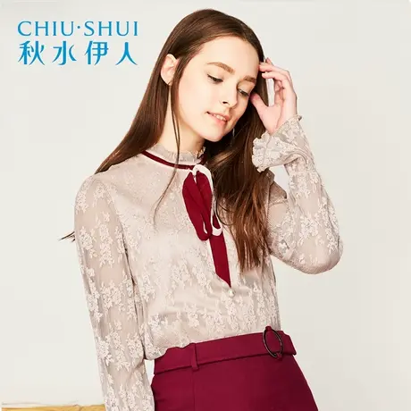 秋水伊人2019秋装新女装花边系带领直筒蕾丝衫上衣女I128图片