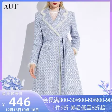AUI蓝色高端水貂毛中长款毛呢外套女冬2023新款气质收腰呢子大衣商品大图