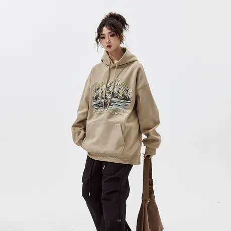 YEP美式复古灰绿色印花连帽卫衣女春秋oversize宽松外套上衣商品大图