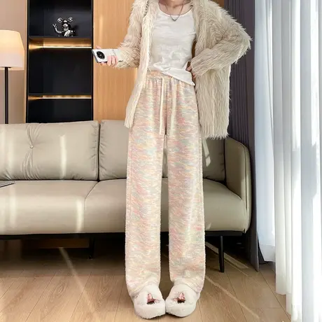 针织加绒阔腿裤女秋冬季2024新款休闲垂感高腰显瘦宽松直筒糯米裤商品大图