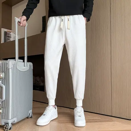 白色卫裤个性加绒加厚裤子2023新款春秋男裤痞帅束脚休闲运动裤商品大图