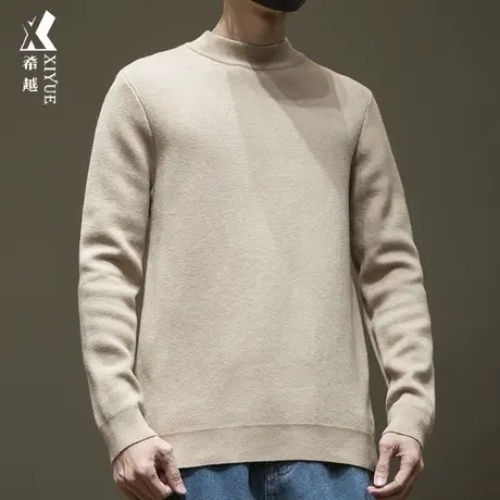 希越一体绒半高领毛衣冬季日系纯色宽松大码男士针织衫慵懒感打底商品大图