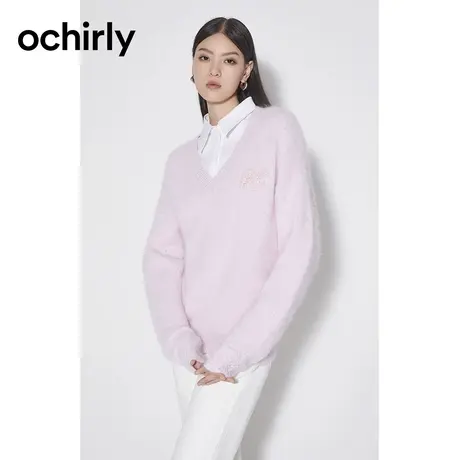 ochirly欧时力 柔滑兔毛混纺毛衣女  2023新款秋装v领慵懒风上衣图片