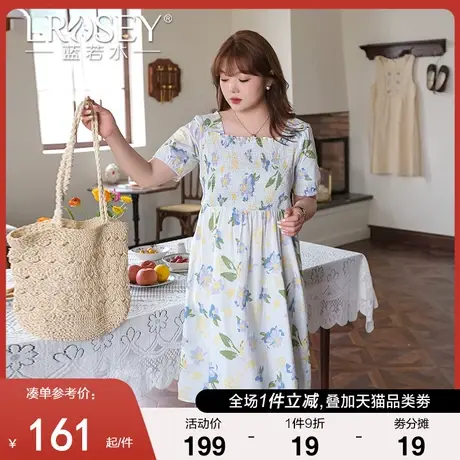 大码女装碎花连衣裙女胖MM夏季新款打揽方领收腰显瘦度假风长裙图片