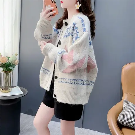 复古菱形提花毛衣外套女春秋2024新款加厚费尔岛软糯针织开衫上衣商品大图