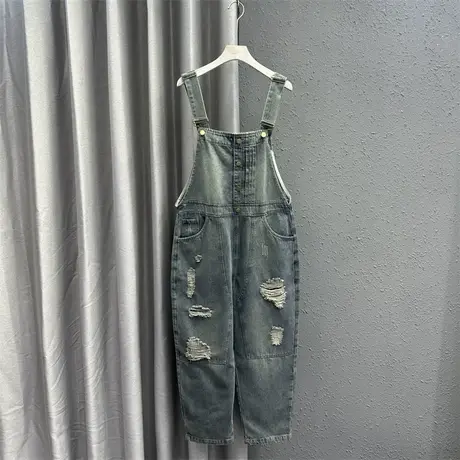 欧货破洞牛仔背带裤女2024春季新款复古高腰宽松显瘦阔腿连体长裤商品大图