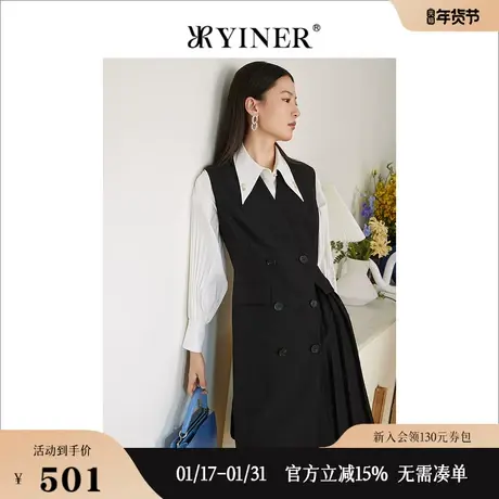 YINER音儿奥莱女装2022春季长款双排扣连衣裙式V领马甲商品大图