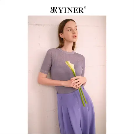YINER音儿女装夏季时尚丁香紫圆领短袖针织衫套头图片