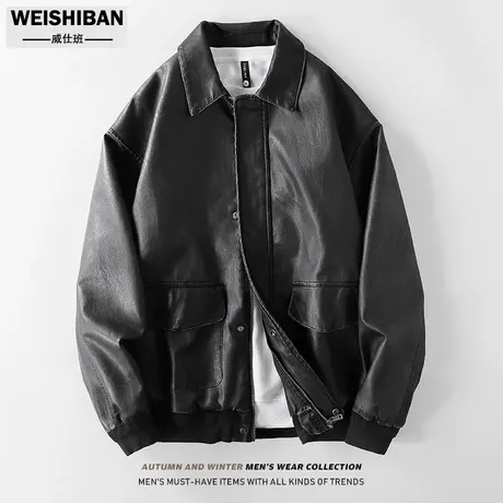 美式复古纯色百搭廓形皮夹克2024春季新款简约时尚工装多袋外套男图片