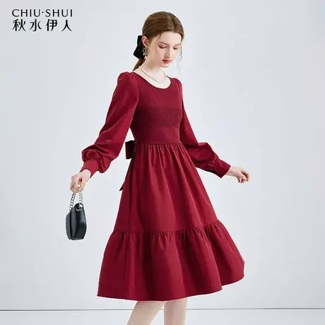 秋水伊人气质拼接针织连衣裙2024年春季新款女装优雅法式方领裙子图片