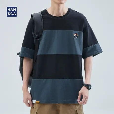 hansca 重磅短袖t恤男美式复古夏季潮牌撞色休闲纯棉条纹半袖体恤商品大图