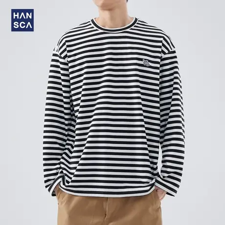 hansca 日系复古刺绣条纹长袖t恤男秋冬款圆领宽松潮流撞色打底衫商品大图