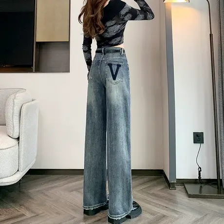 复古直筒牛仔裤女2024春秋新款高腰显瘦窄版垂感修身百搭拖地长裤商品大图