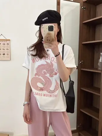 韩系2024年早春新款重工刺绣贴布龙年中国风短袖圆领T桖女打底衫图片